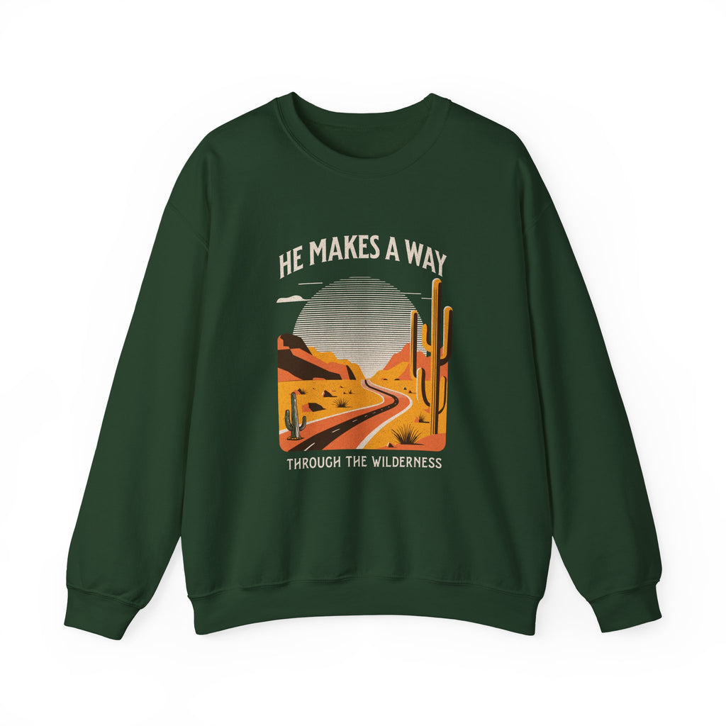 Christian Sweatshirt – “He Makes a Way Through the Wilderness” | Faith-Based Unisex Crewneck