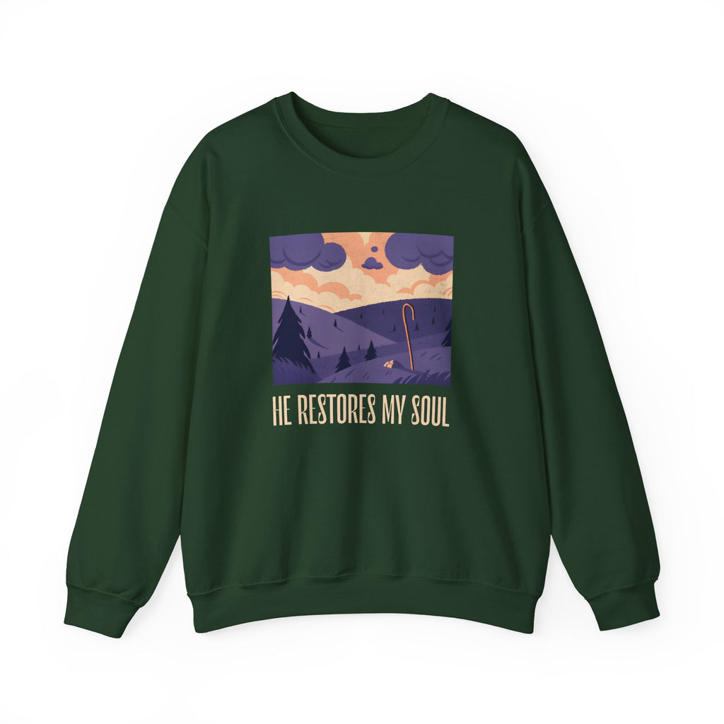 Christian Sweatshirt – “He Restores My Soul” | Faith-Based Comfort Fleece Crewneck