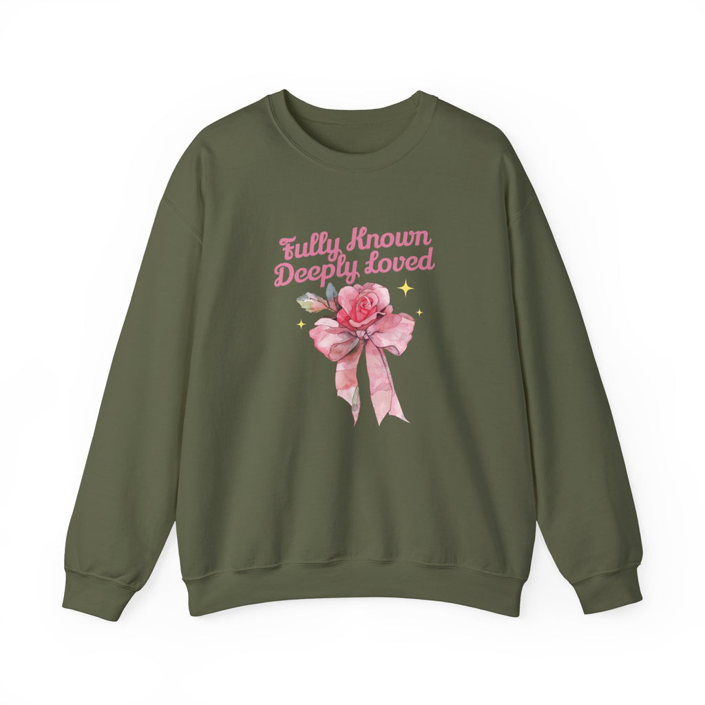 Christian Sweatshirt – “Fully Known, Deeply Loved” | Faith-Based Crewneck for Women