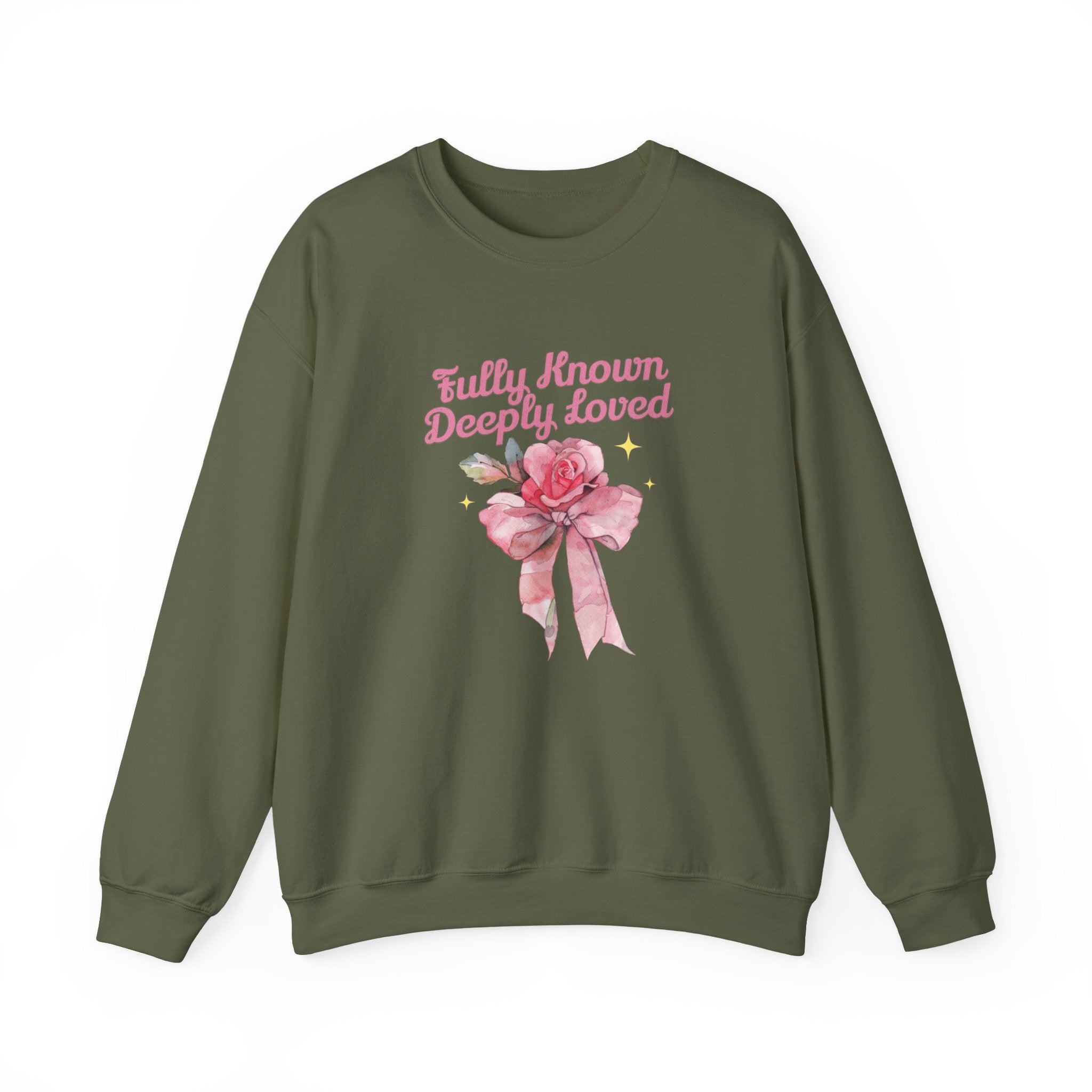 Christian Sweatshirt – “Fully Known, Deeply Loved” | Faith-Based Crewneck for Women