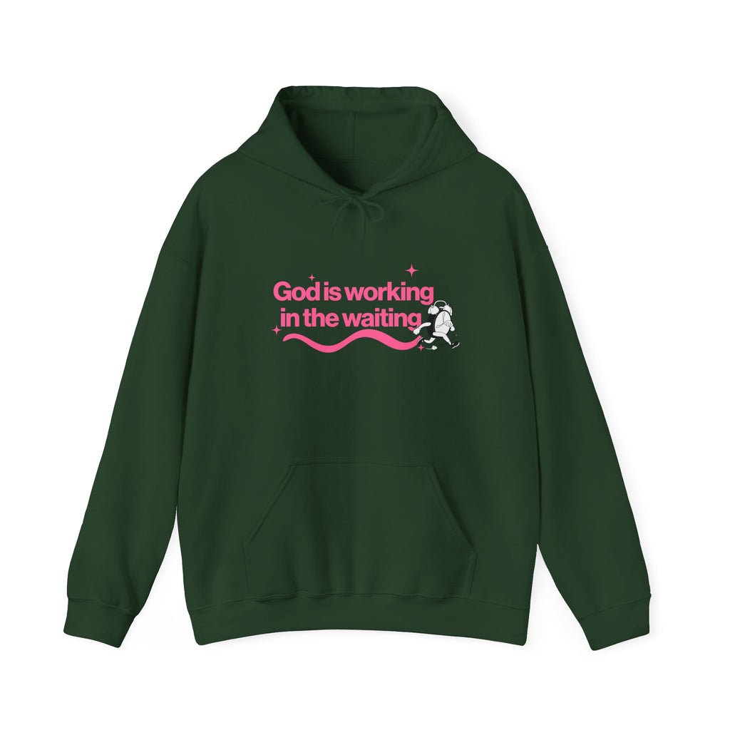 Christian Hoodie – “God Is Working in the Waiting” | Faith-Based Unisex Pullover
