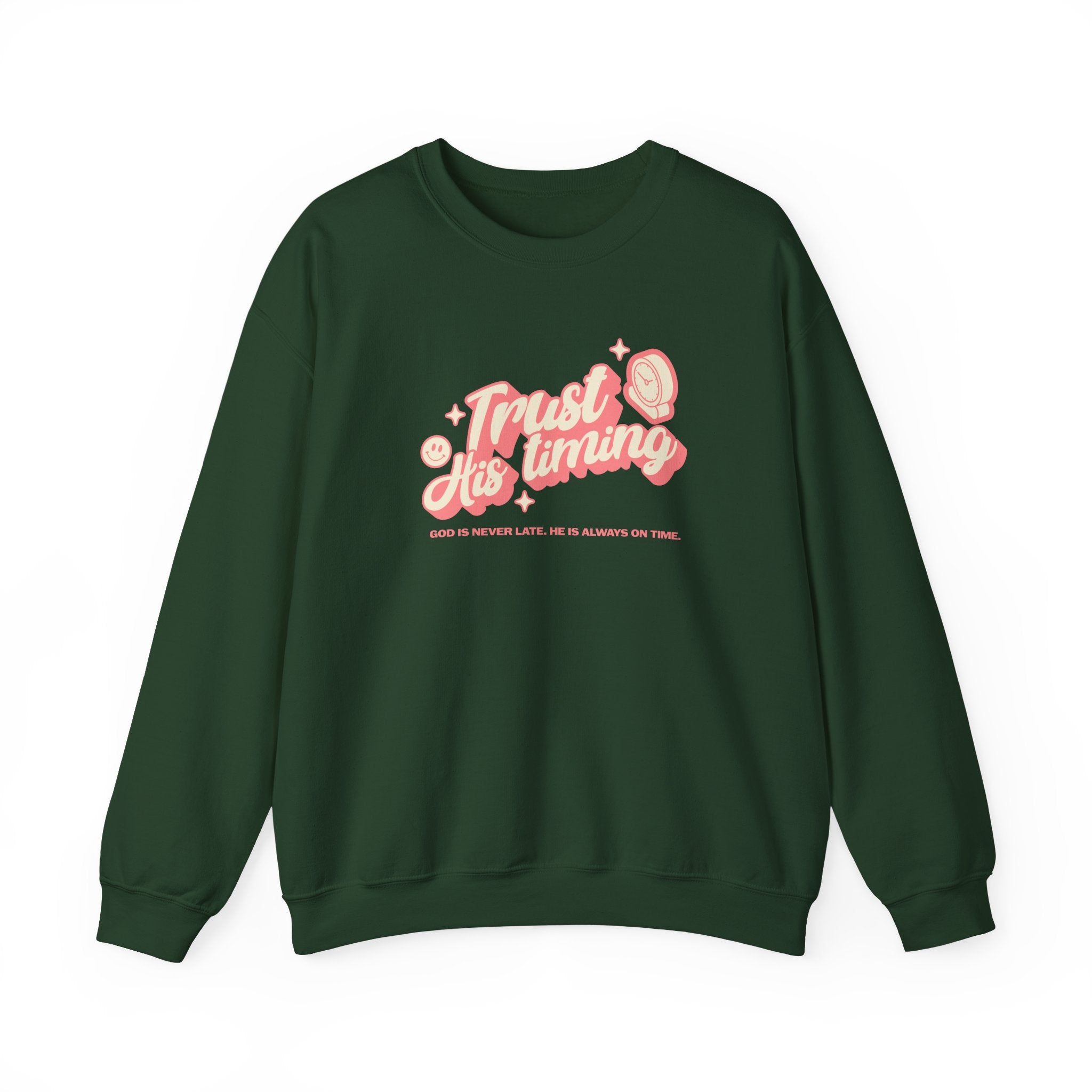 Christian Sweatshirt – “Trust His Timing” | Faith-Based Unisex Crewneck