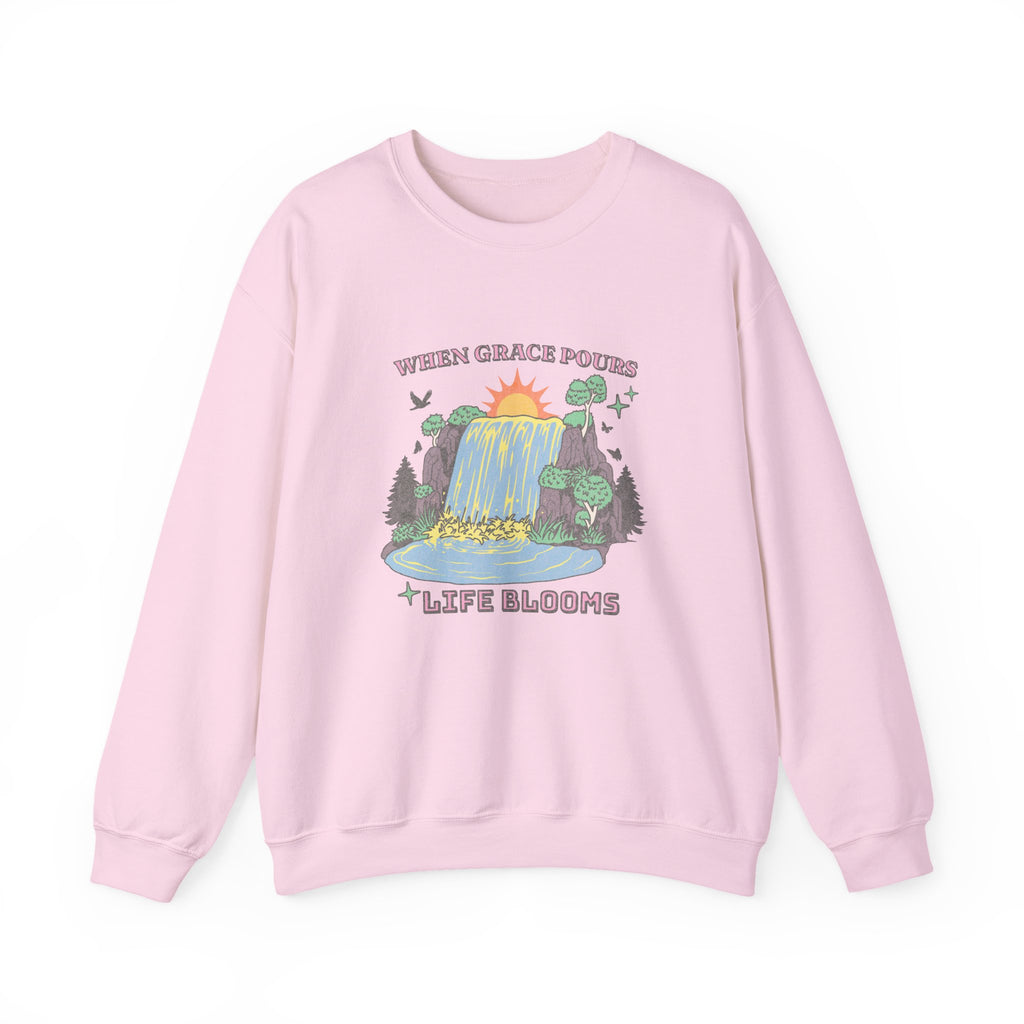 Christian Sweatshirt – “When Grace Pours, Life Blooms” | Faith-Based Unisex Crewneck