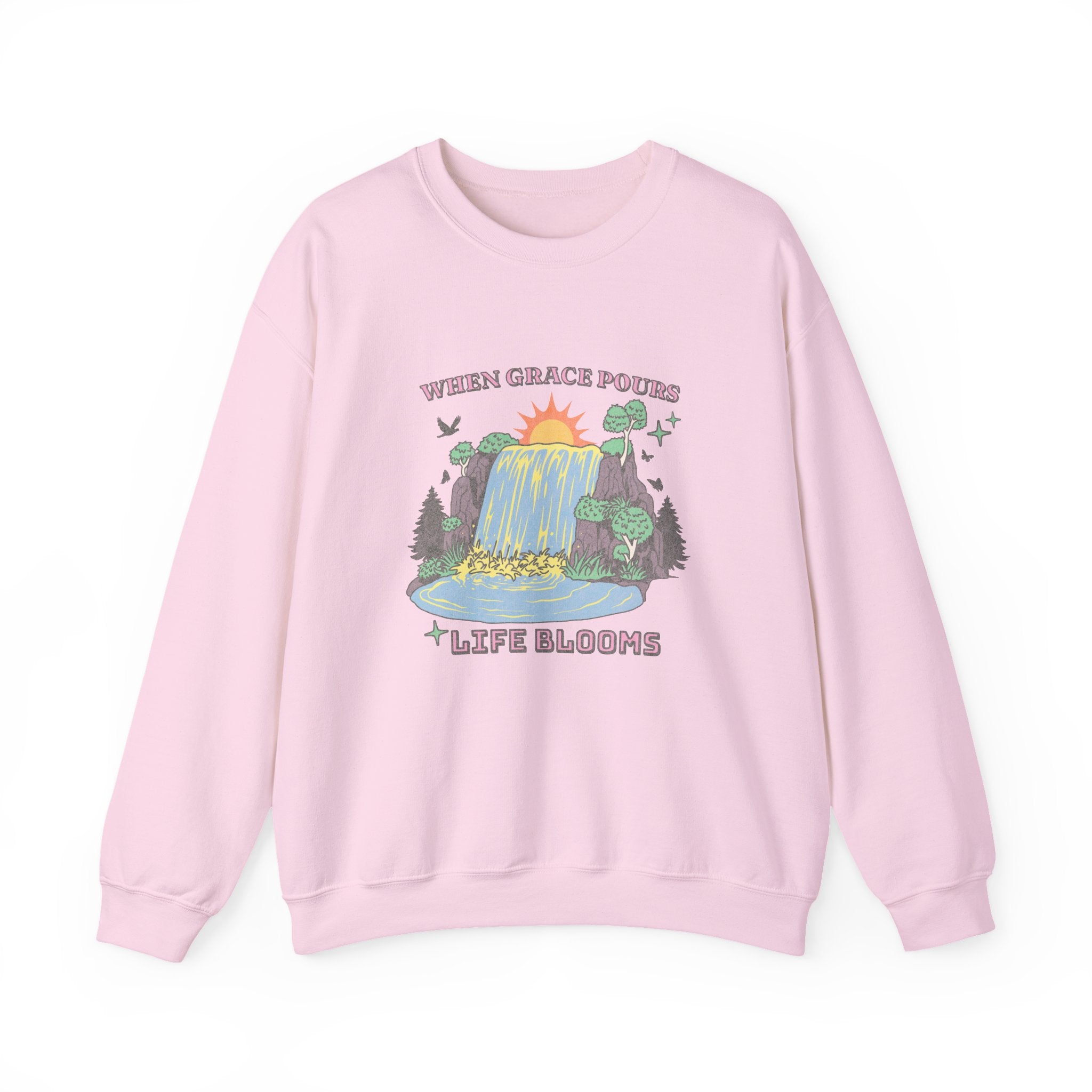 Christian Sweatshirt – “When Grace Pours, Life Blooms” | Faith-Based Unisex Crewneck