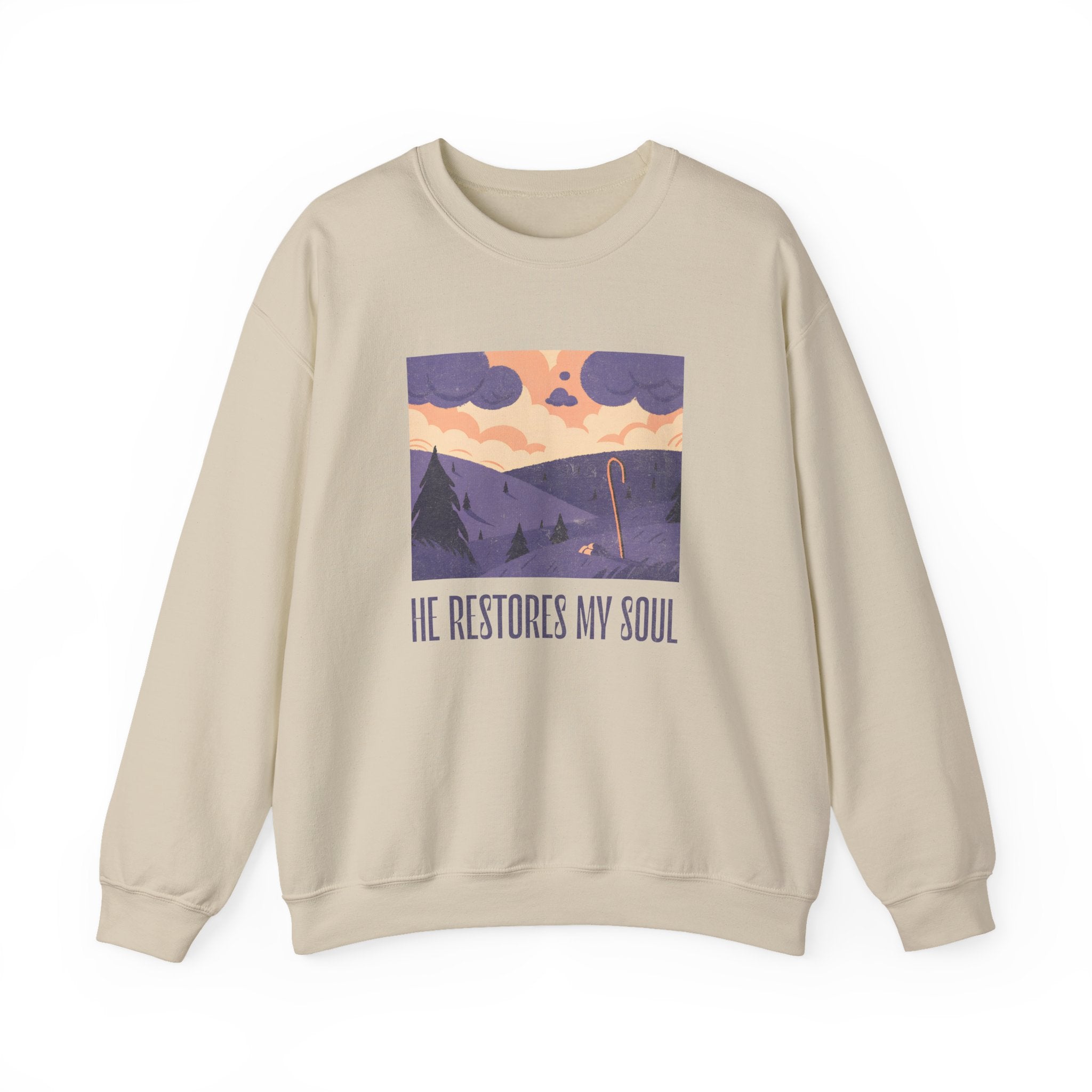 Christian Sweatshirt – “He Restores My Soul” | Faith-Based Comfort Fleece Crewneck