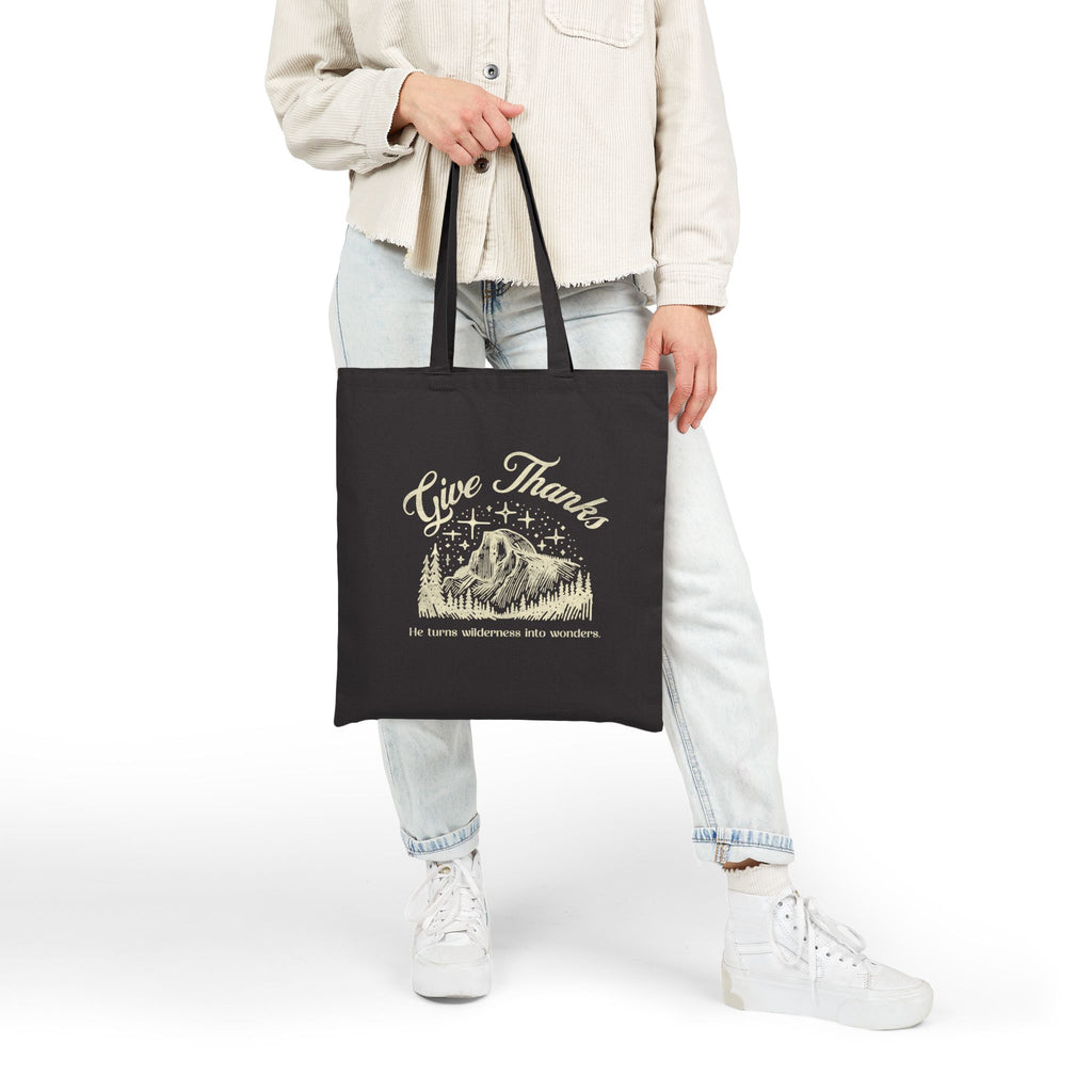 Christian Tote Bag – “Give Thanks, He Turns Wilderness into Wonders” | Faith-Inspired Everyday Bag