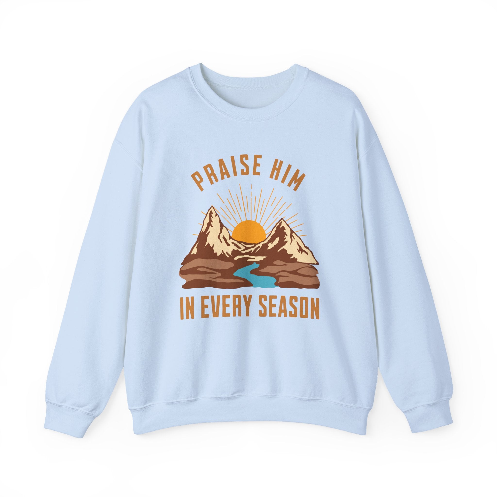 Christian Sweatshirt – “Praise Him in Every Season” | Faith-Based Crewneck for Women