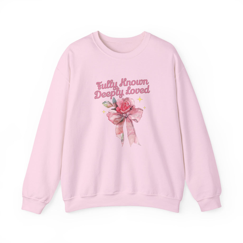 Christian Sweatshirt – “Fully Known, Deeply Loved” | Faith-Based Crewneck for Women