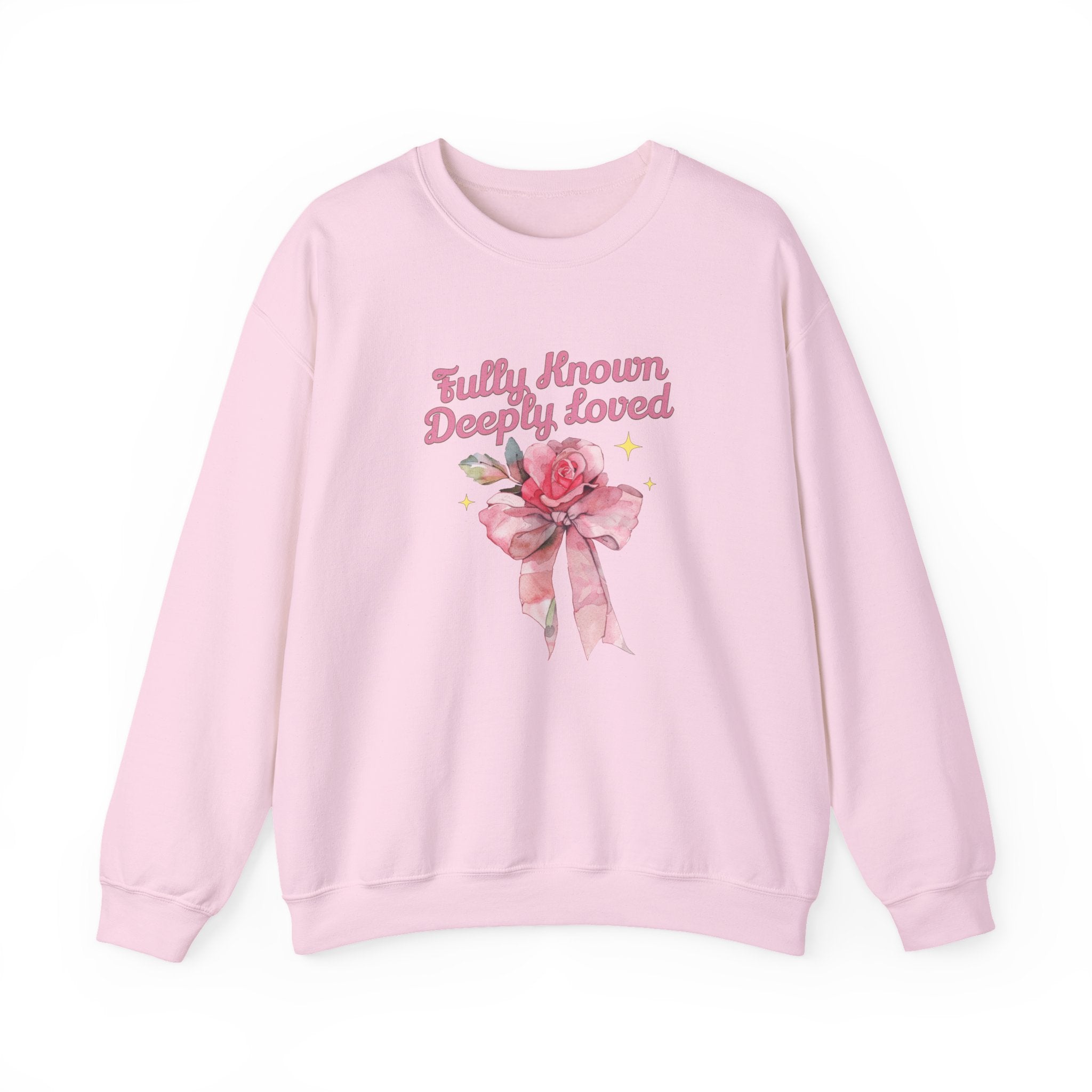 Christian Sweatshirt – “Fully Known, Deeply Loved” | Faith-Based Crewneck for Women
