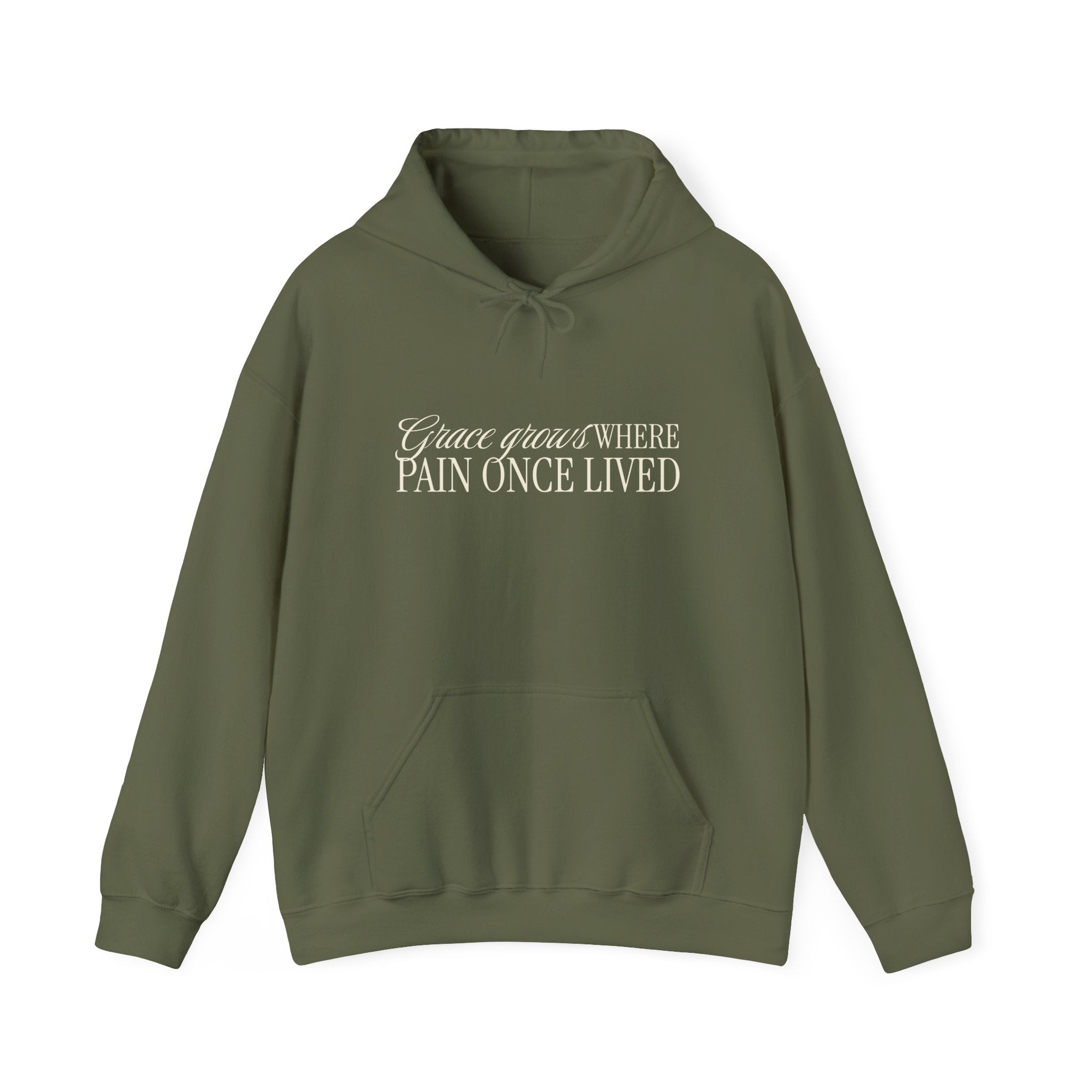 Christian Hoodie – “Grace Grows Where Pain Once Lived” | Faith-Based Unisex Pullover