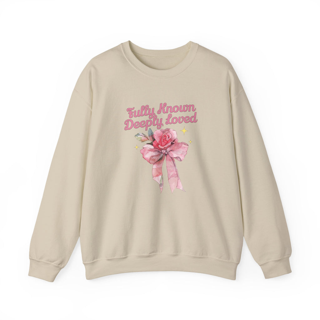Christian Sweatshirt – “Fully Known, Deeply Loved” | Faith-Based Crewneck for Women