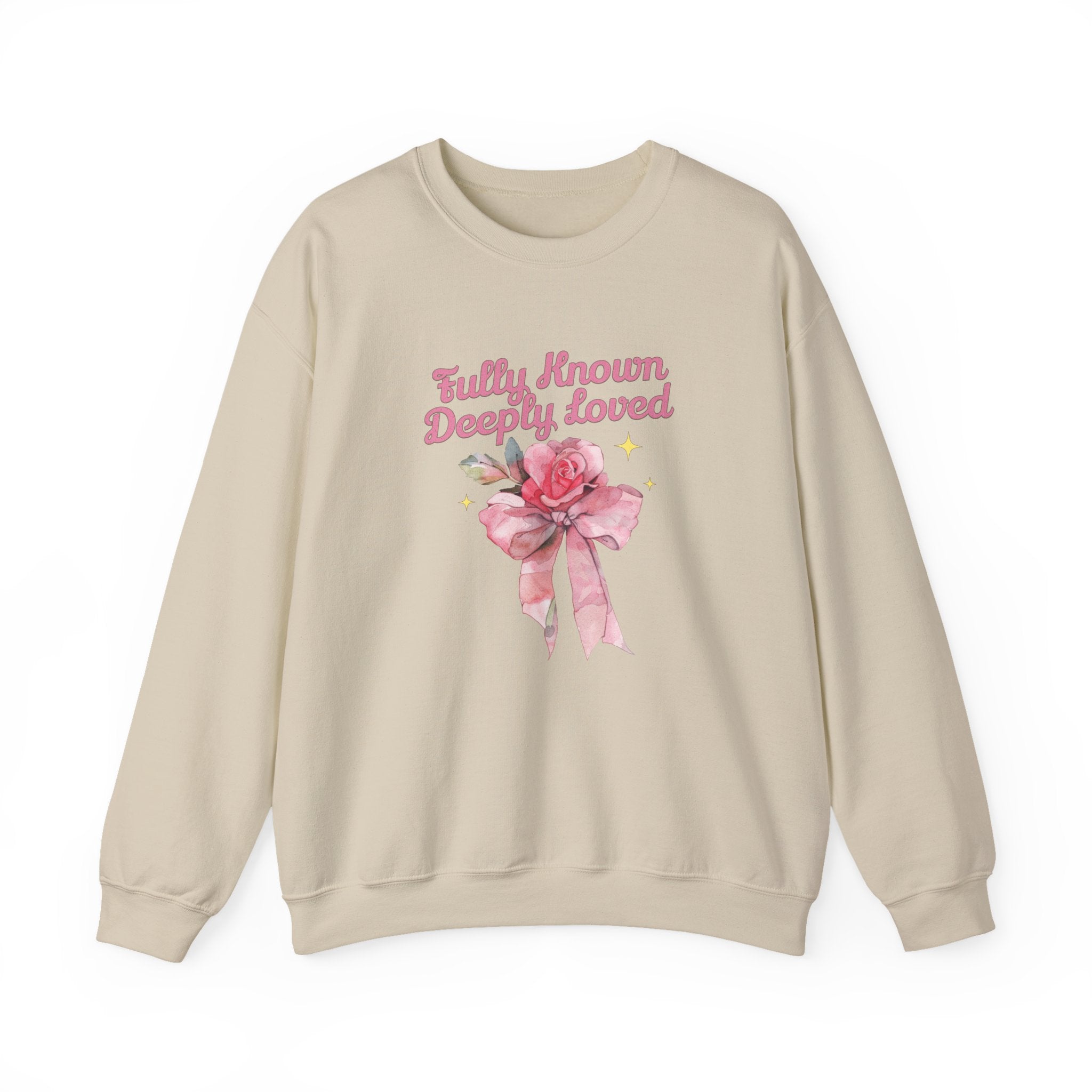 Christian Sweatshirt – “Fully Known, Deeply Loved” | Faith-Based Crewneck for Women