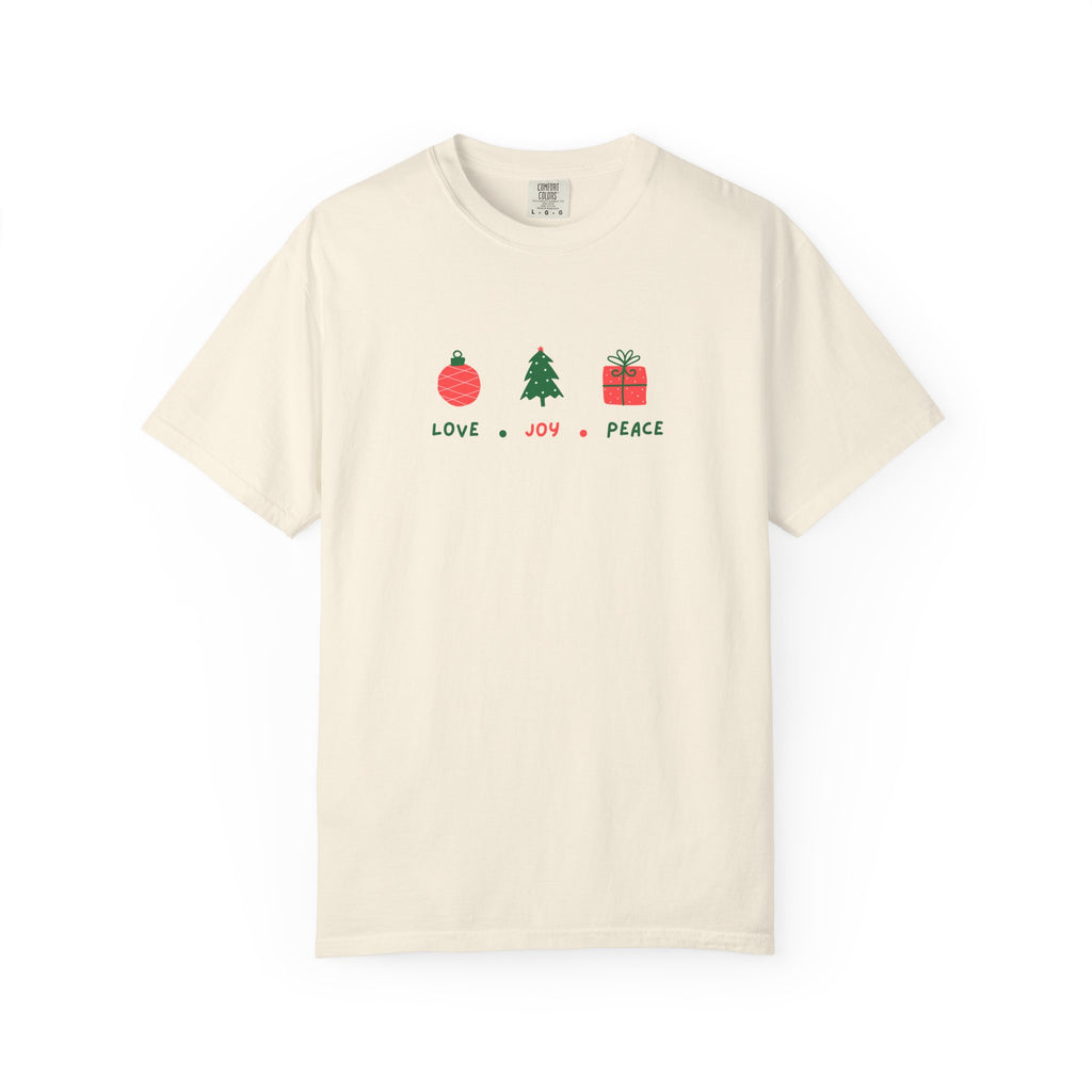 Christian Christmas T-Shirt – “Love, Joy, Peace” | Comfort Colors 1717 Unisex Faith Tee