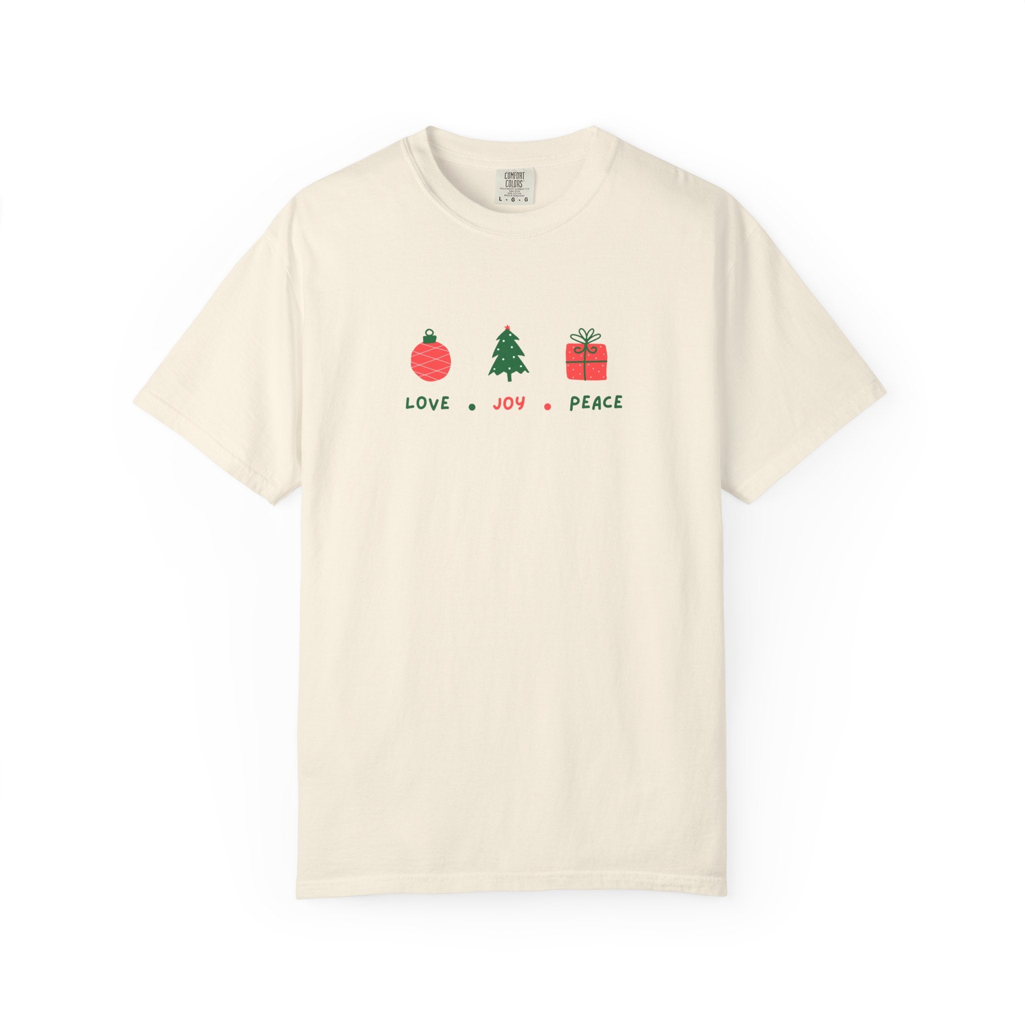 Christian Christmas T-Shirt – “Love, Joy, Peace” | Comfort Colors 1717 Unisex Faith Tee