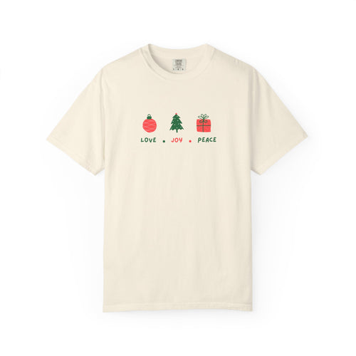 Christian Christmas T-Shirt – “Love, Joy, Peace” | Comfort Colors 1717 Unisex Faith Tee