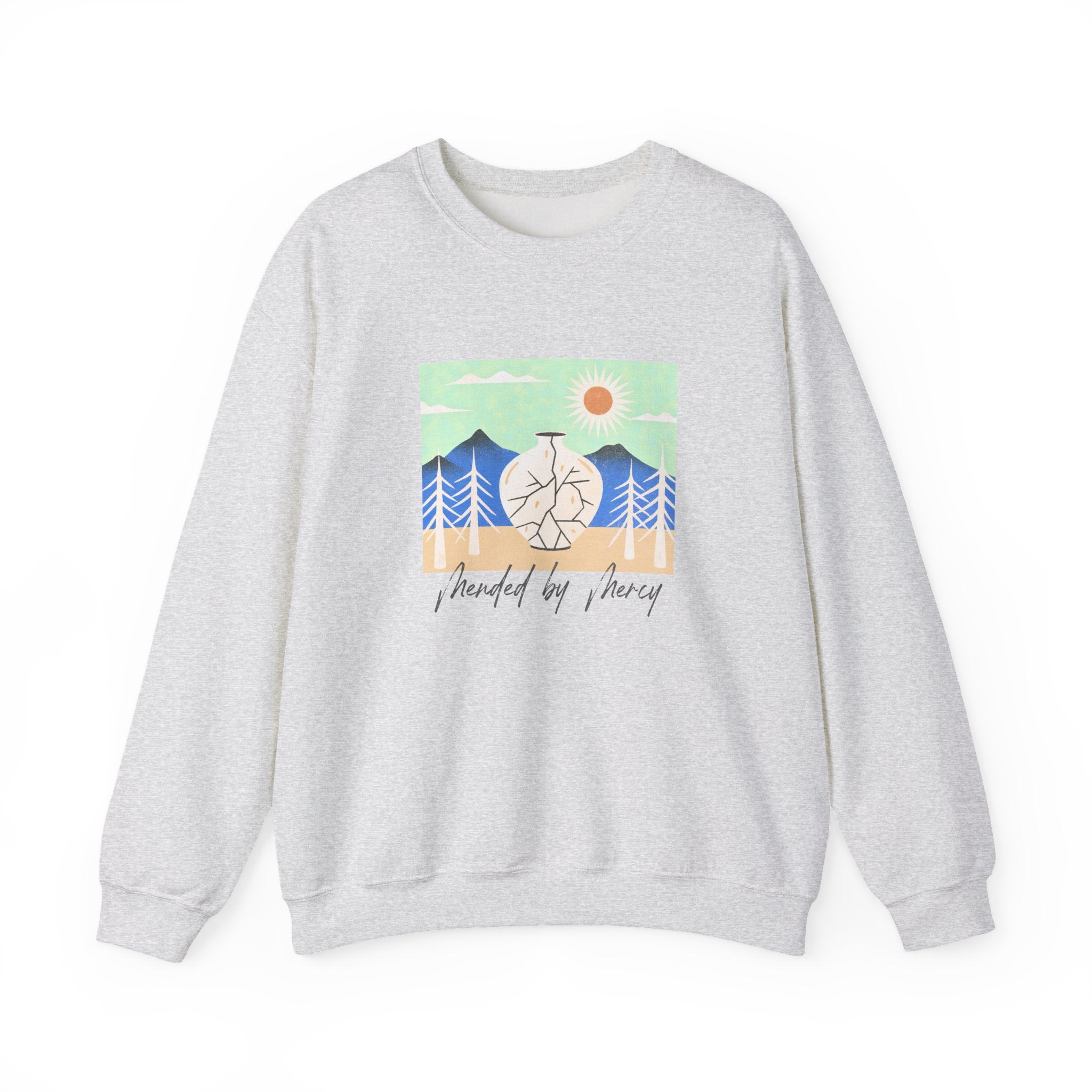 Christian Sweatshirt – “Mended By Mercy” | Unisex Faith-Based Crewneck