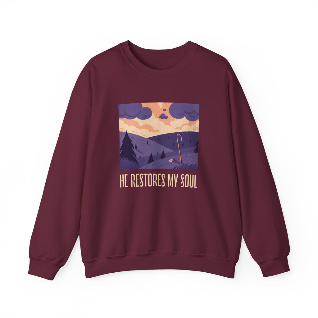 Christian Sweatshirt – “He Restores My Soul” | Faith-Based Comfort Fleece Crewneck