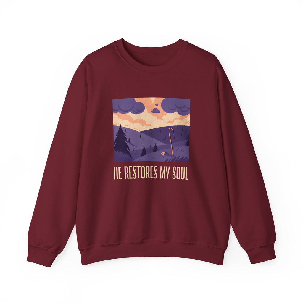 Christian Sweatshirt – “He Restores My Soul” | Faith-Based Comfort Fleece Crewneck