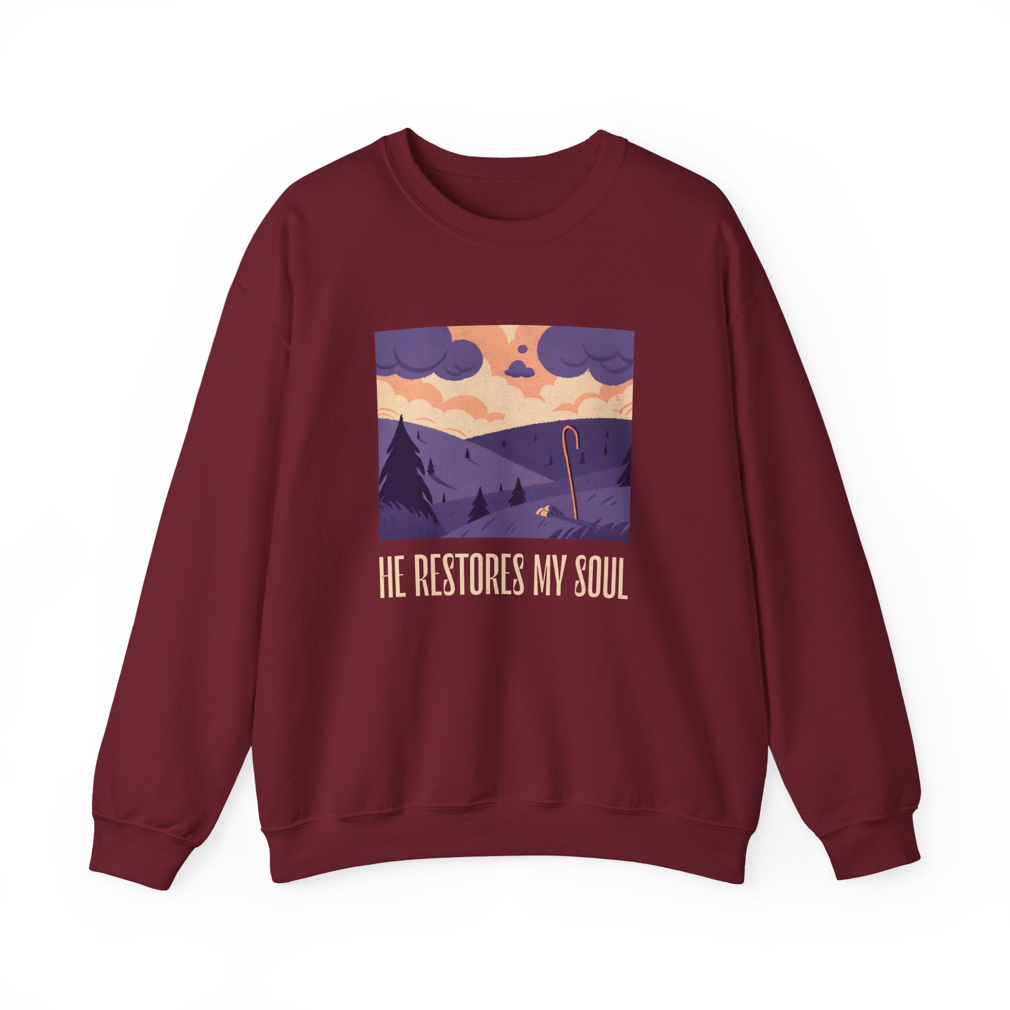 Christian Sweatshirt – “He Restores My Soul” | Faith-Based Comfort Fleece Crewneck