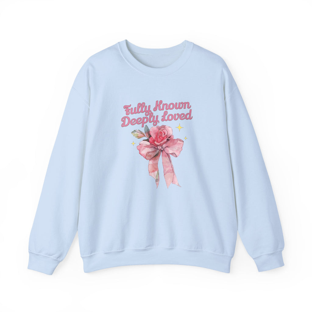 Christian Sweatshirt – “Fully Known, Deeply Loved” | Faith-Based Crewneck for Women