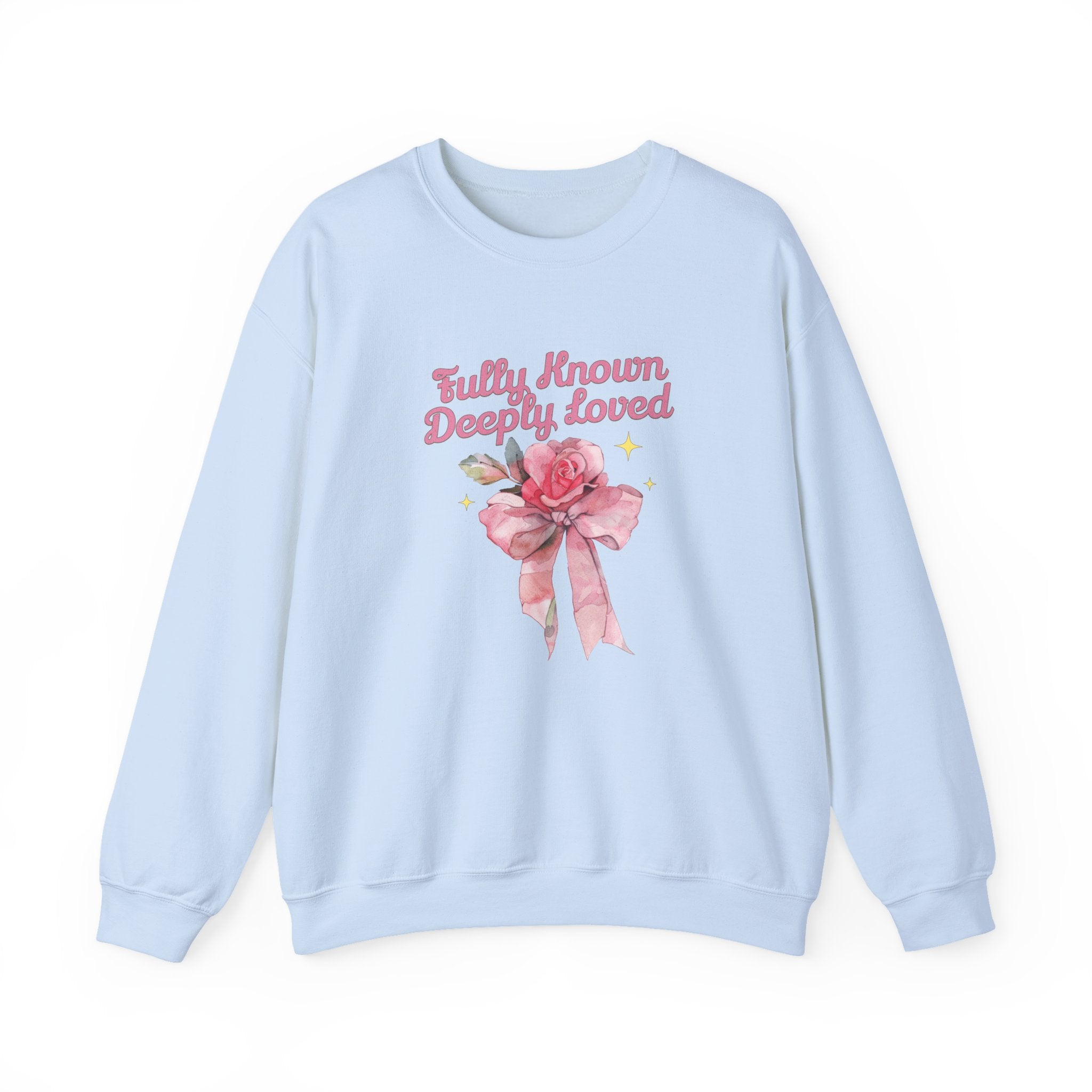 Christian Sweatshirt – “Fully Known, Deeply Loved” | Faith-Based Crewneck for Women