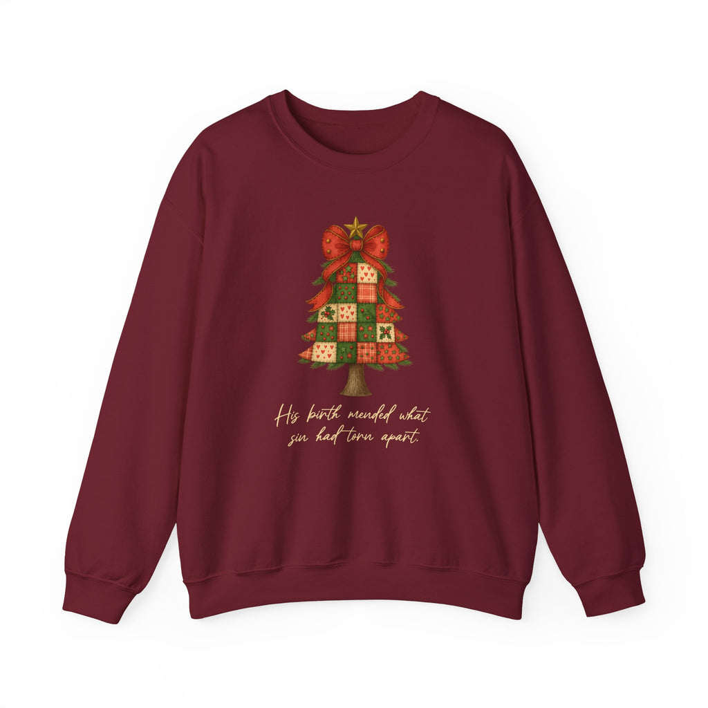 Christmas Collection – “His Birth Mended What Sin Had Torn Apart” Sweatshirt| Christian Apparel & Gifts