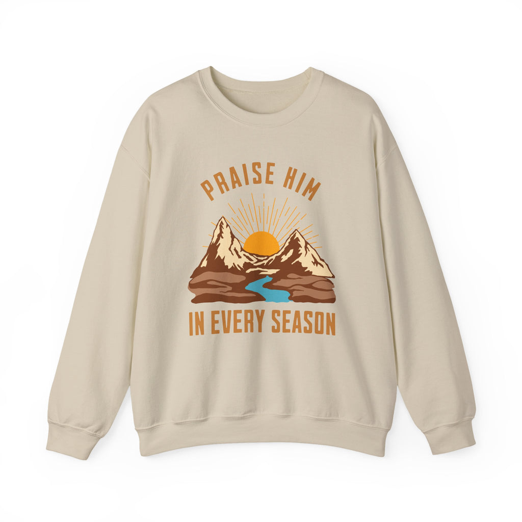 Christian Sweatshirt – “Praise Him in Every Season” | Faith-Based Crewneck for Women