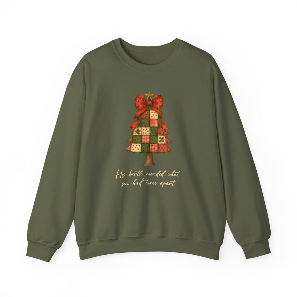 Christmas Collection – “His Birth Mended What Sin Had Torn Apart” Sweatshirt| Christian Apparel & Gifts