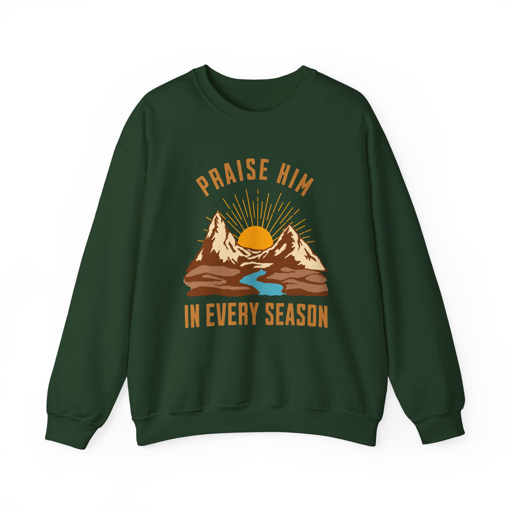 Christian Sweatshirt – “Praise Him in Every Season” | Faith-Based Crewneck for Women