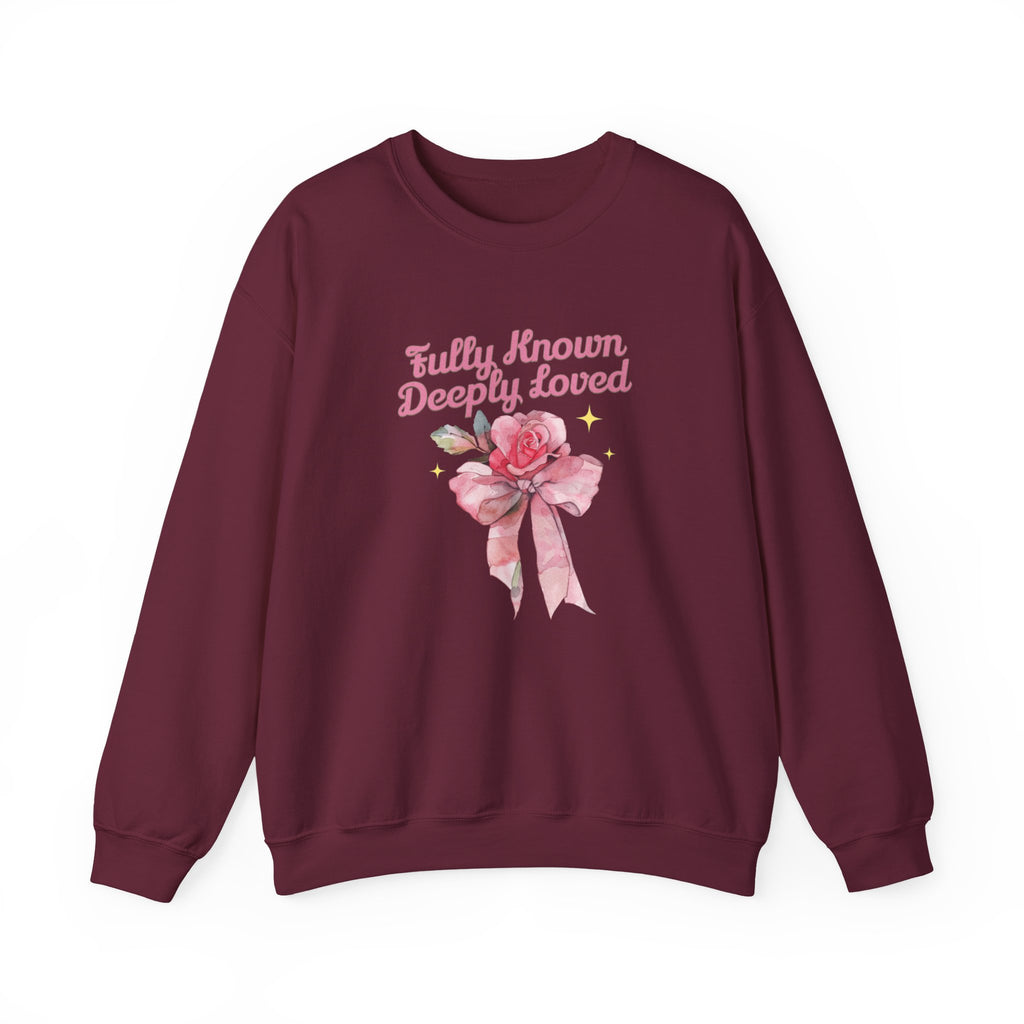 Christian Sweatshirt – “Fully Known, Deeply Loved” | Faith-Based Crewneck for Women