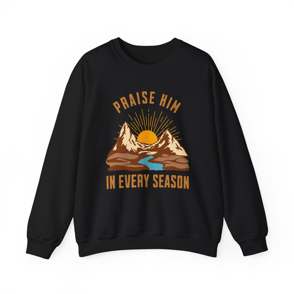 Christian Sweatshirt – “Praise Him in Every Season” | Faith-Based Crewneck for Women