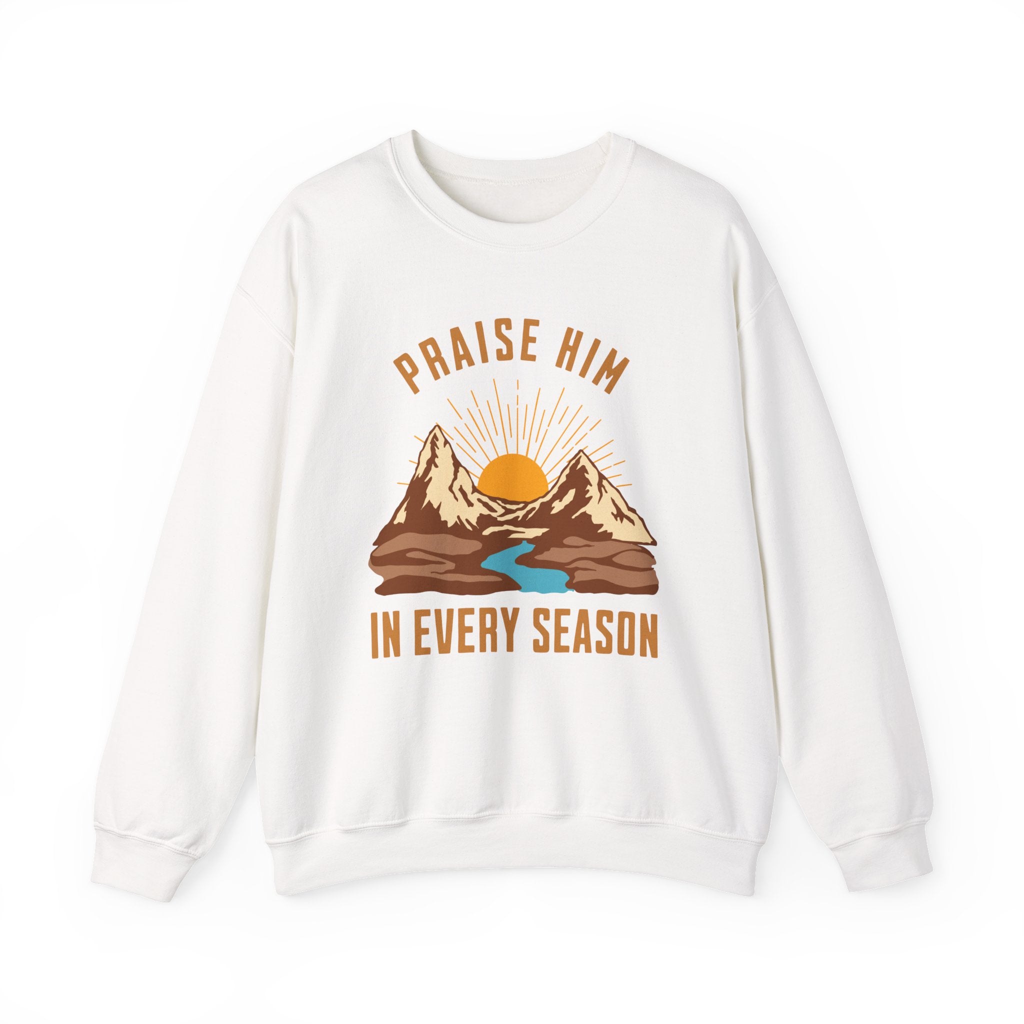 Christian Sweatshirt – “Praise Him in Every Season” | Faith-Based Crewneck for Women
