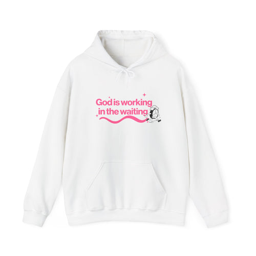 Christian Hoodie – “God Is Working in the Waiting” | Faith-Based Unisex Pullover