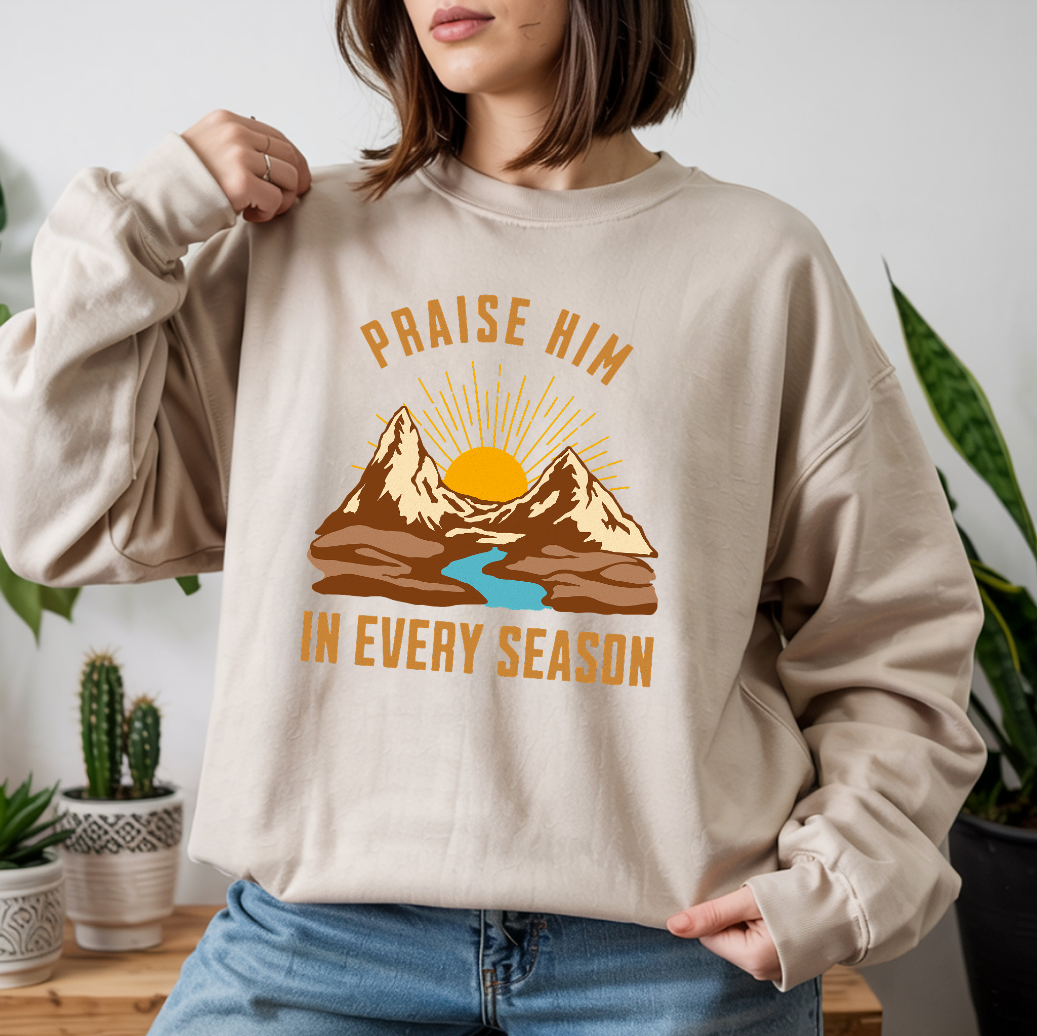 Christian Sweatshirt – “Praise Him in Every Season” | Faith-Based Crewneck for Women