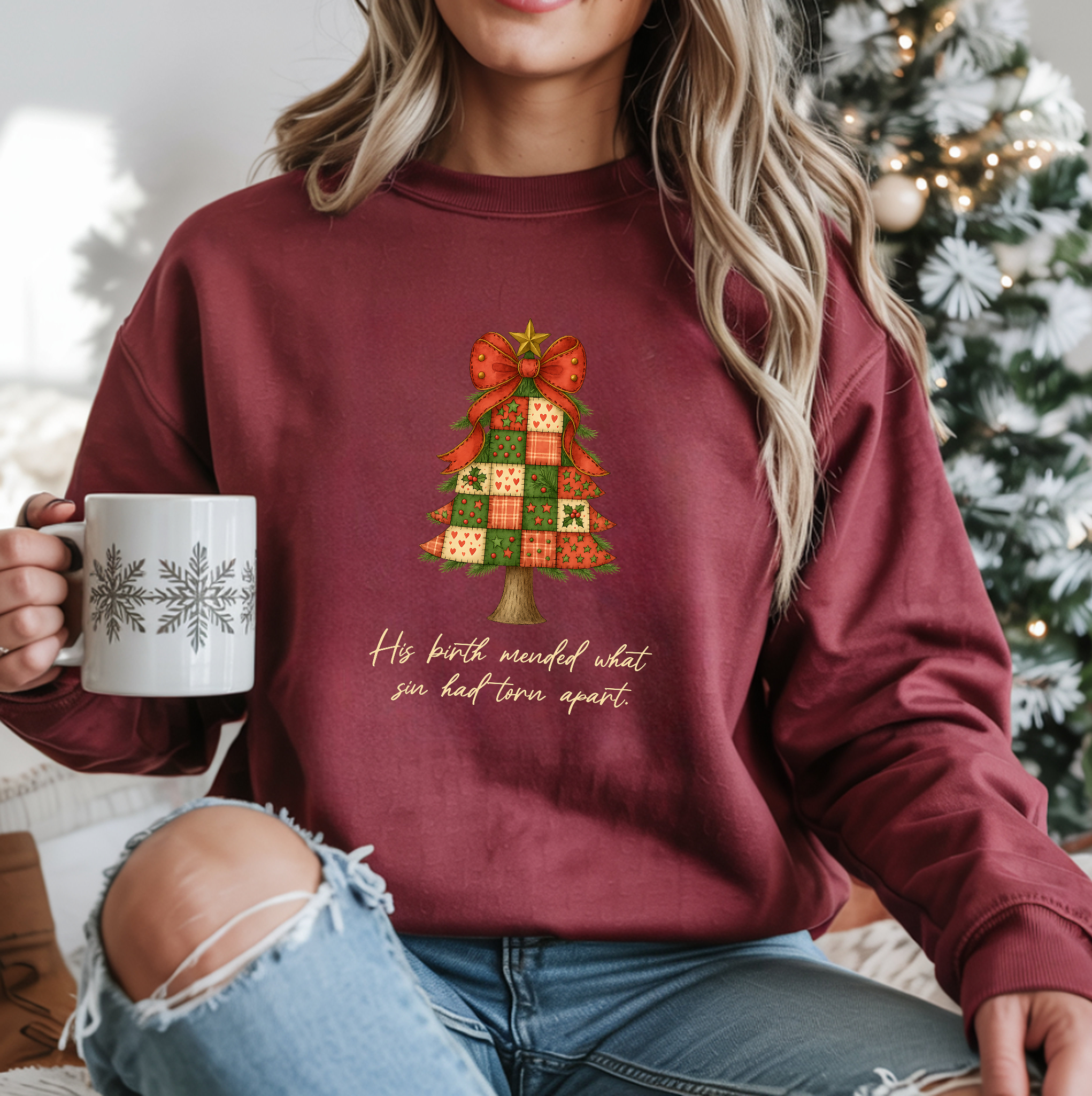 Christmas Collection – “His Birth Mended What Sin Had Torn Apart” Sweatshirt| Christian Apparel & Gifts