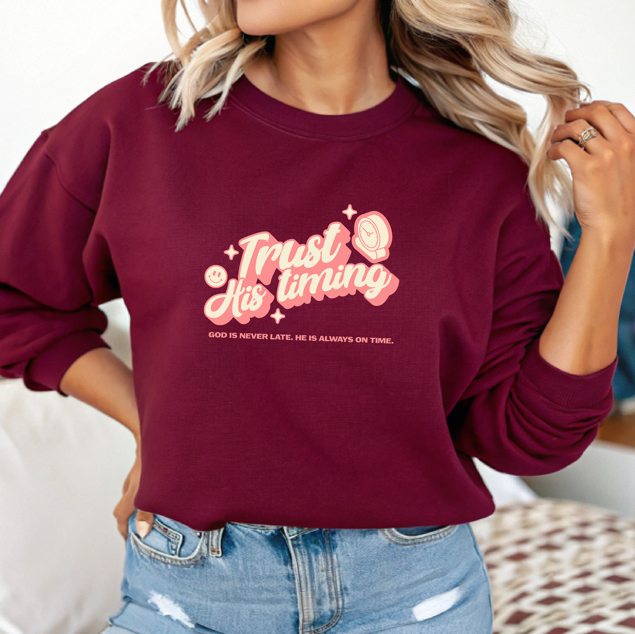 Christian Sweatshirt – “Trust His Timing” | Faith-Based Unisex Crewneck