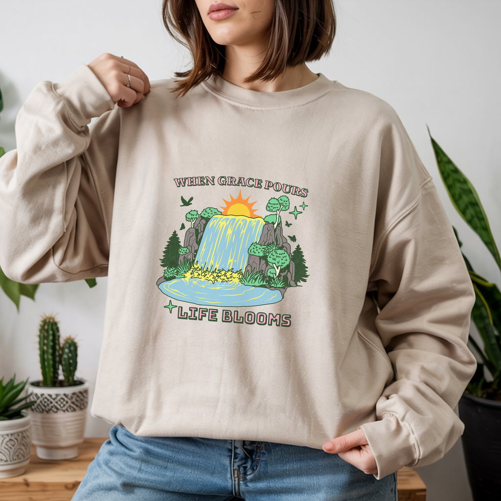 Christian Sweatshirt – “When Grace Pours, Life Blooms” | Faith-Based Unisex Crewneck