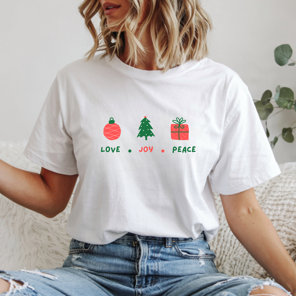 Christian Christmas T-Shirt – “Love, Joy, Peace” | Comfort Colors 1717 Unisex Faith Tee
