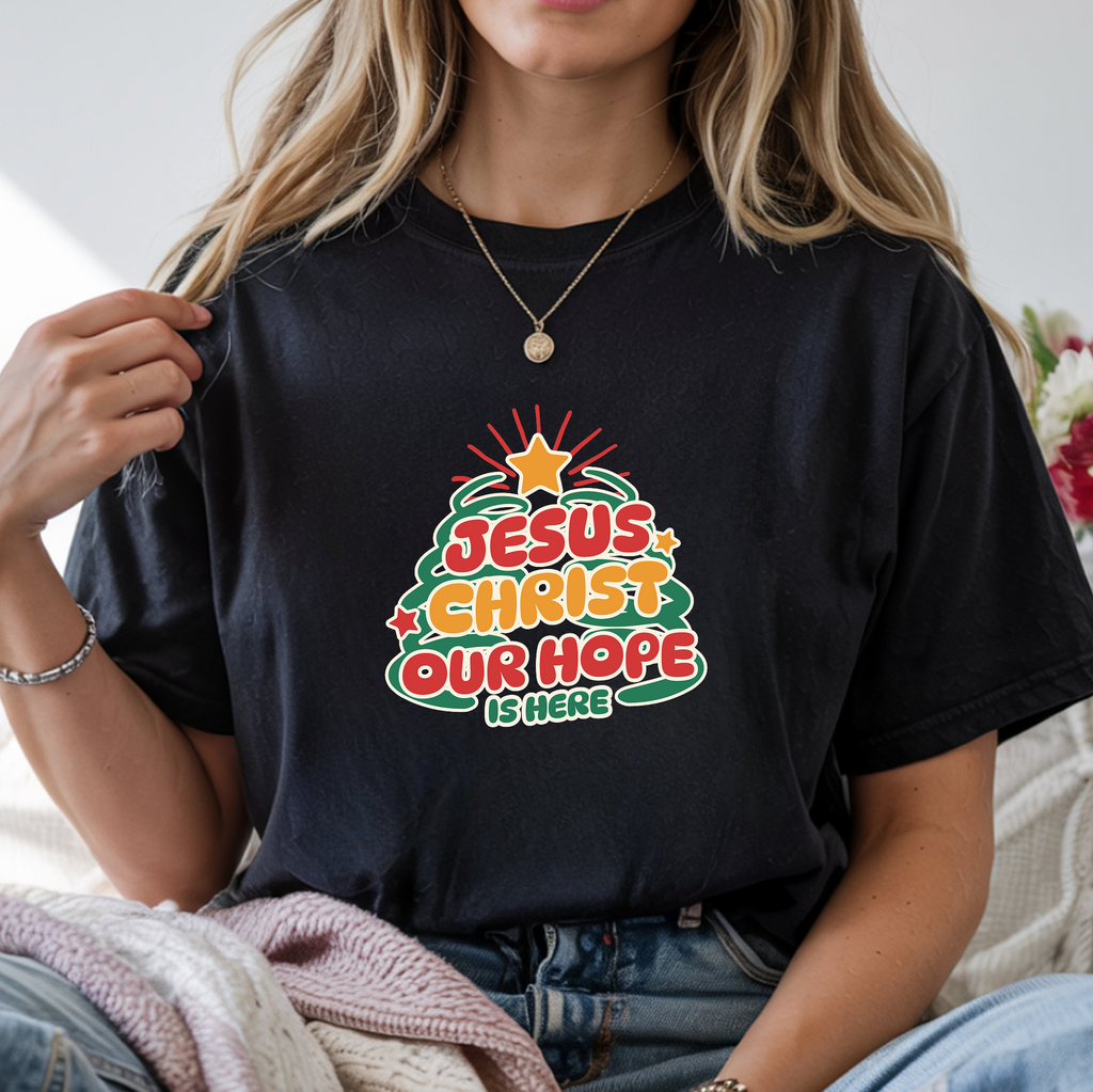 Christian Christmas T-Shirt – “Jesus Christ, Our Hope Is Here” | Comfort Colors 1717 Unisex Faith Tee