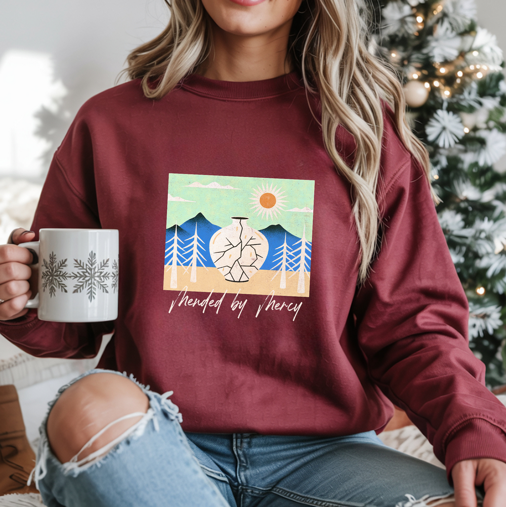 Christian Sweatshirt – “Mended By Mercy” | Unisex Faith-Based Crewneck