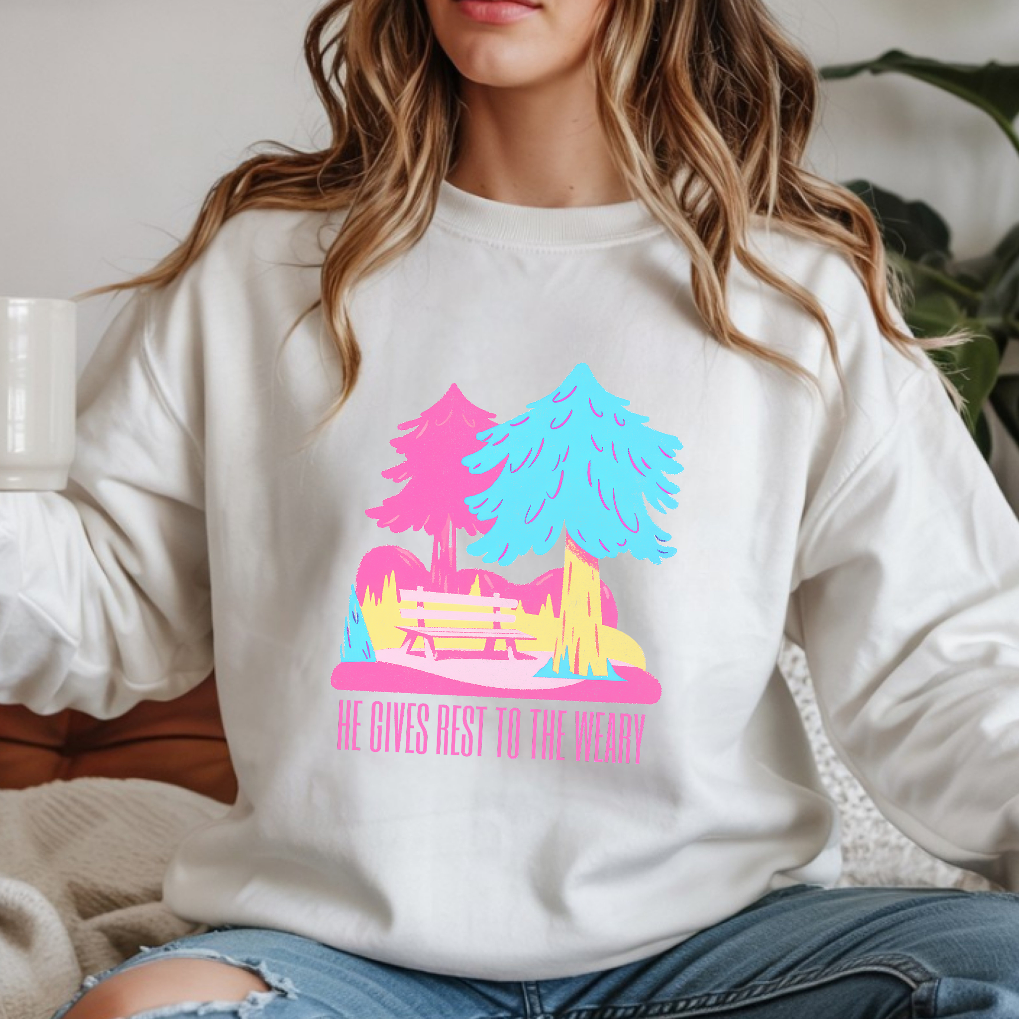 Christian Sweatshirt – “He Gives Rest to the Weary” | Unisex Faith-Based Crewneck