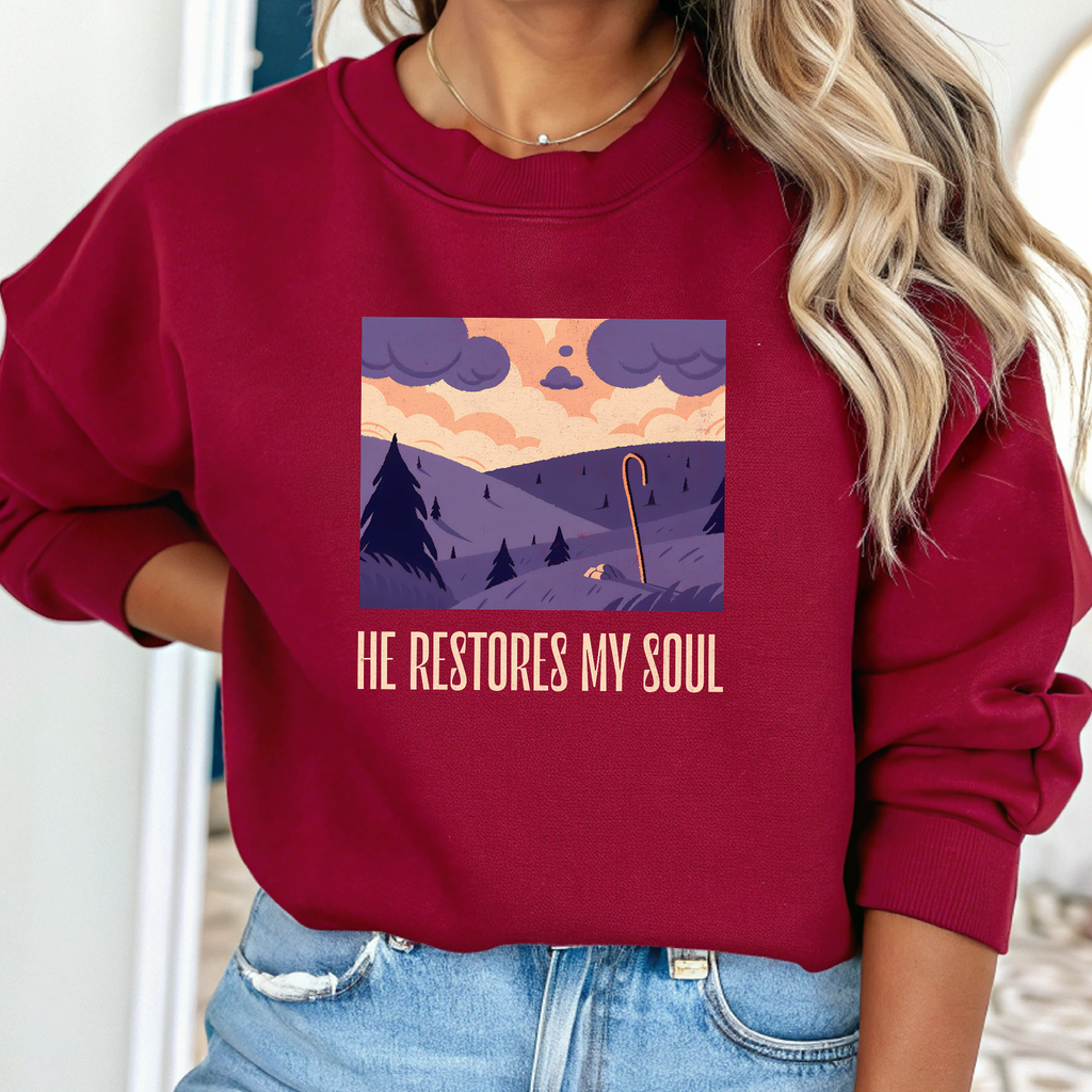 Christian Sweatshirt – “He Restores My Soul” | Faith-Based Comfort Fleece Crewneck