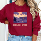 Christian Sweatshirt – “He Restores My Soul” | Faith-Based Comfort Fleece Crewneck