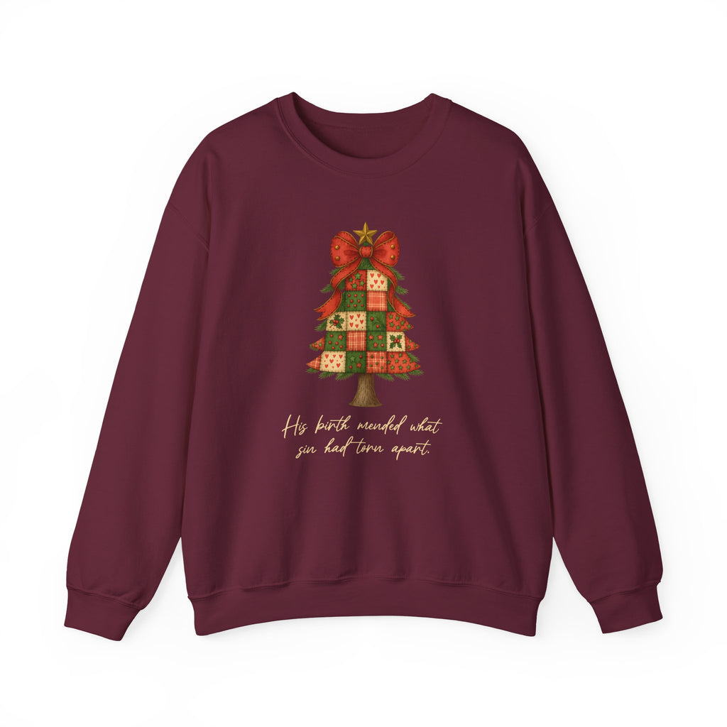 Christmas Collection – “His Birth Mended What Sin Had Torn Apart” Sweatshirt| Christian Apparel & Gifts