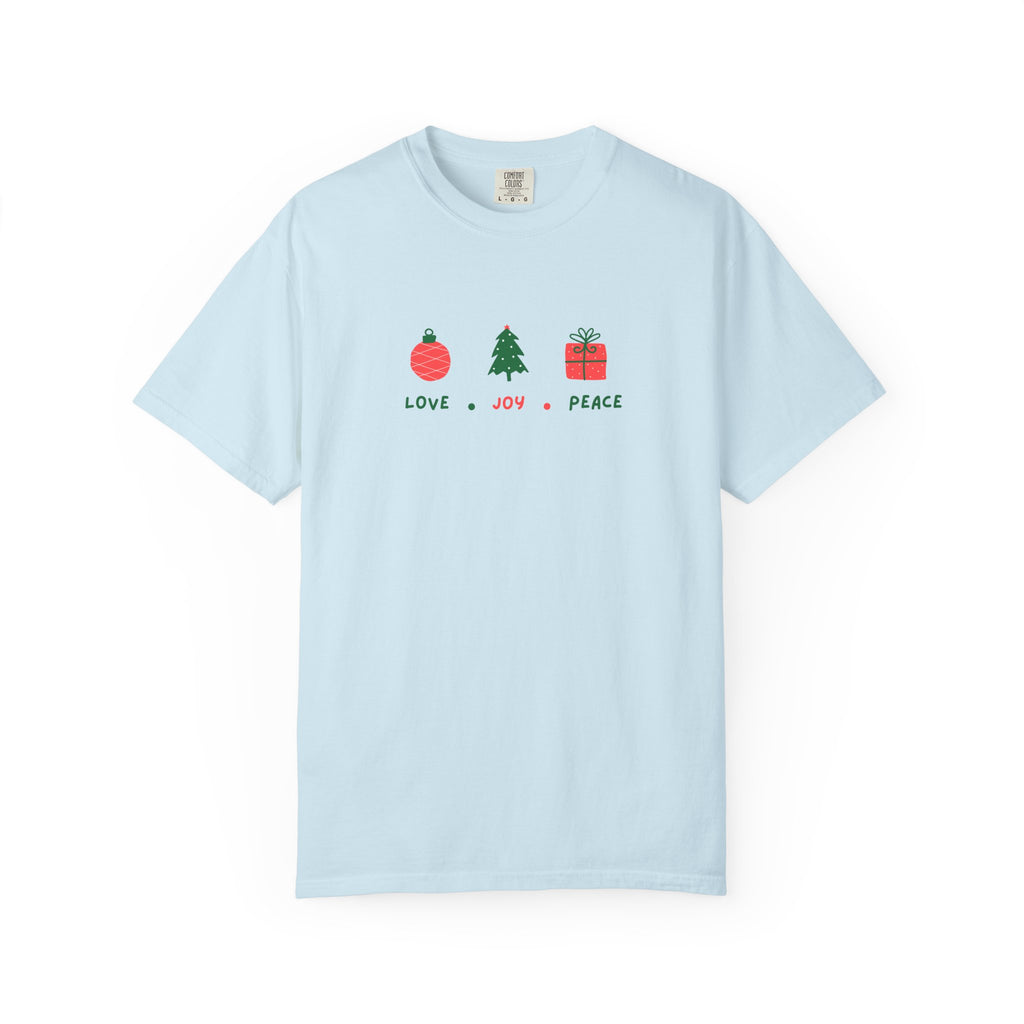 Christian Christmas T-Shirt – “Love, Joy, Peace” | Comfort Colors 1717 Unisex Faith Tee