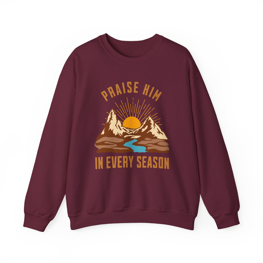 Christian Sweatshirt – “Praise Him in Every Season” | Faith-Based Crewneck for Women