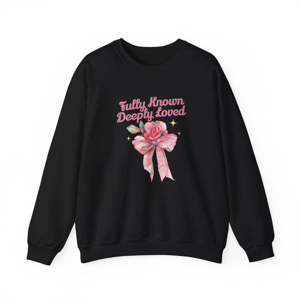 Christian Sweatshirt – “Fully Known, Deeply Loved” | Faith-Based Crewneck for Women
