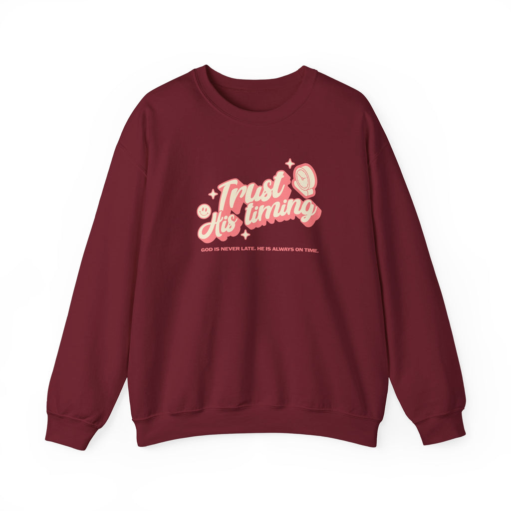 Christian Sweatshirt – “Trust His Timing” | Faith-Based Unisex Crewneck
