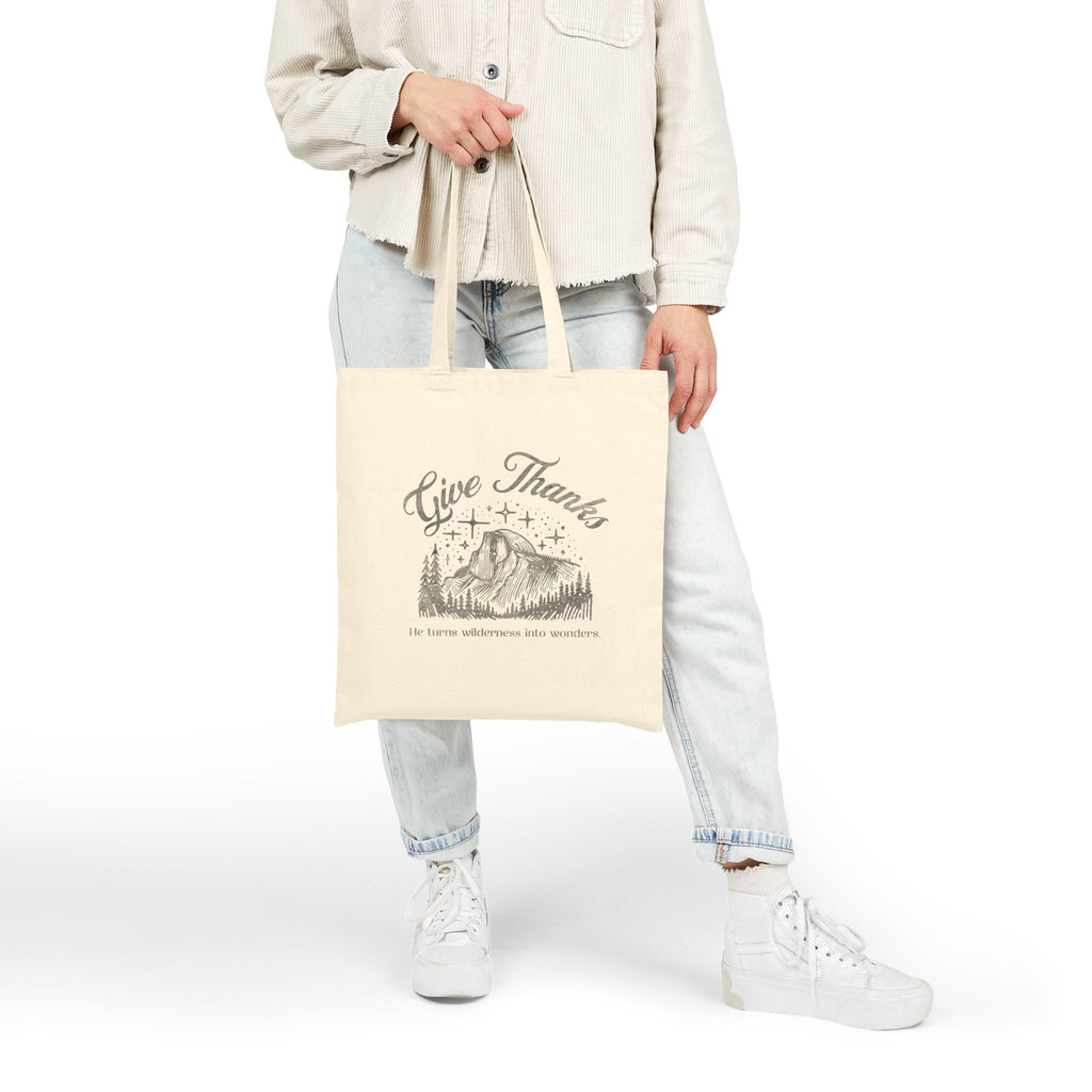 Christian Tote Bag – “Give Thanks, He Turns Wilderness into Wonders” | Faith-Inspired Everyday Bag