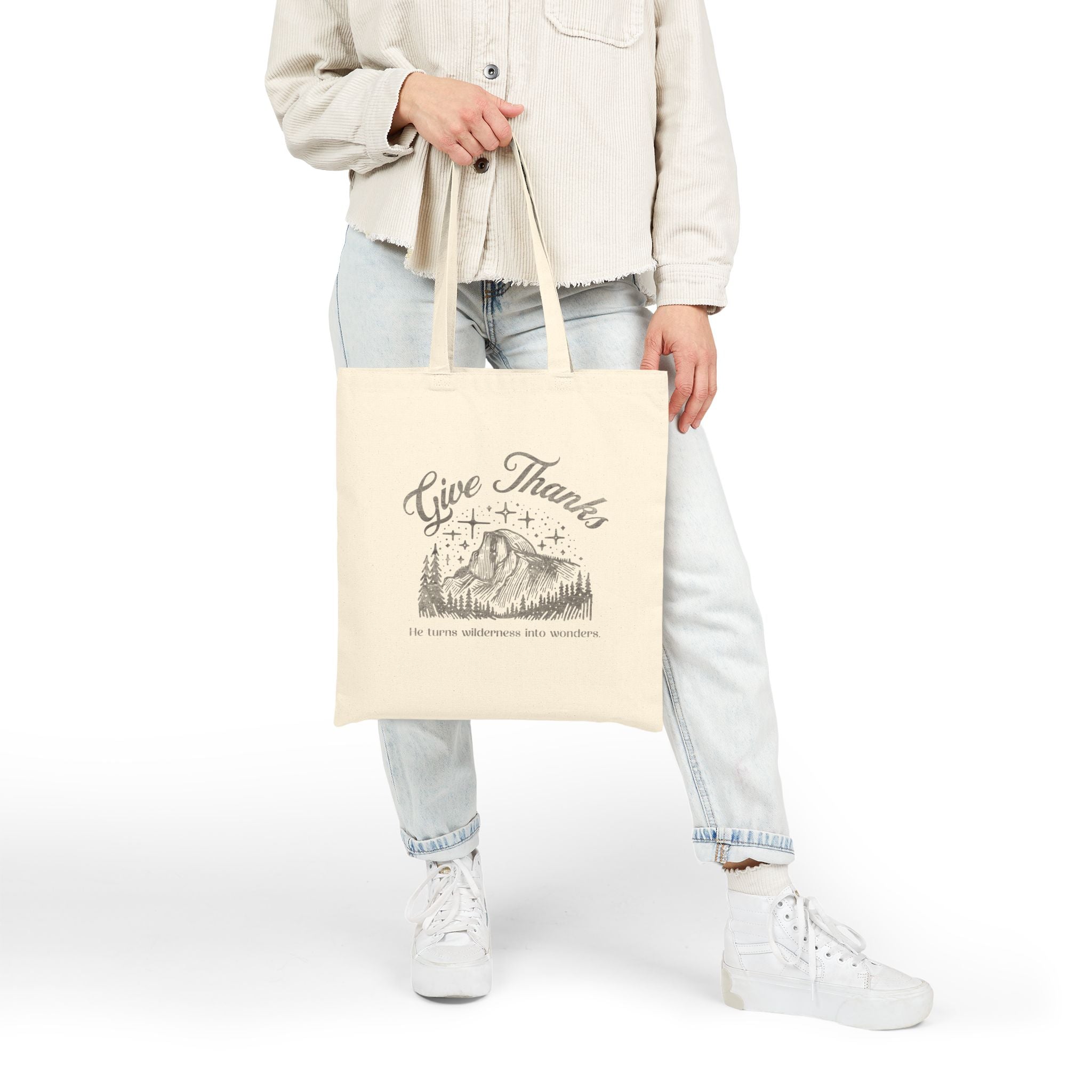 Christian Tote Bag – “Give Thanks, He Turns Wilderness into Wonders” | Faith-Inspired Everyday Bag